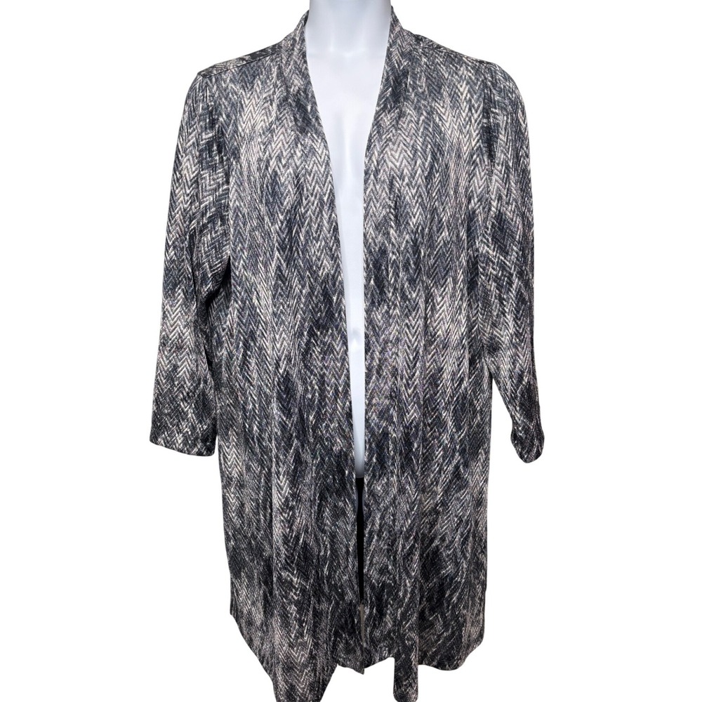 SUSAN GRAVER Womens Black Gray Chevron Duster Open Front Cardigan 2X Office Chic